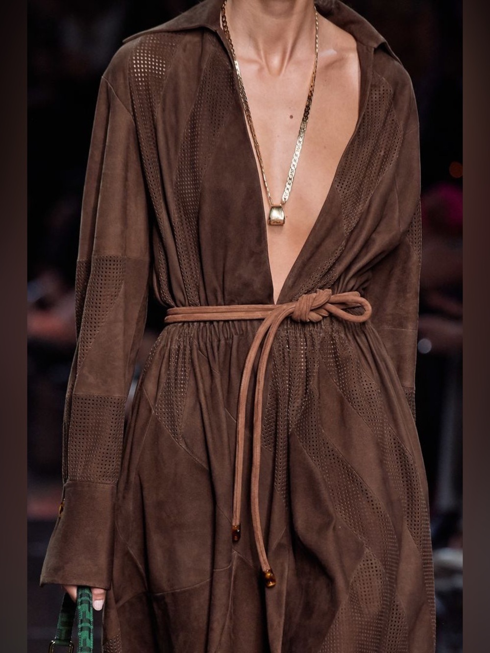 RARE Fendi Dark Brown Suede Long Sleeve Midi Dress with Tan Belt - 2020 Runway